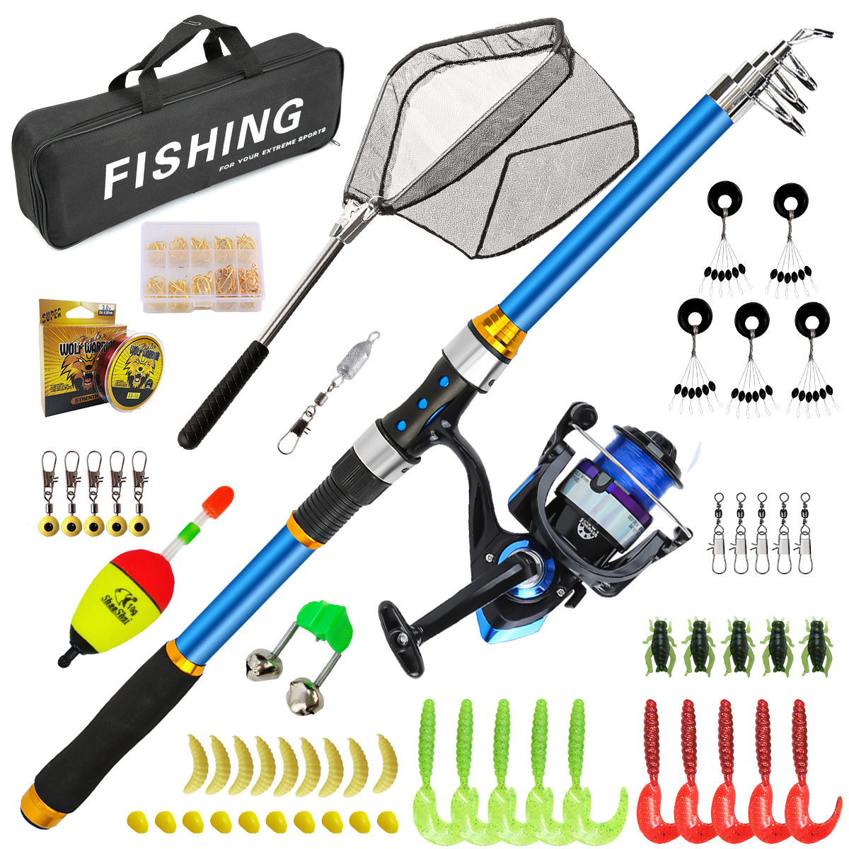 Fishing Line Spooler - 2,1–3,6 m Teleskop-Angelruten-Set aus Glasfaser mit