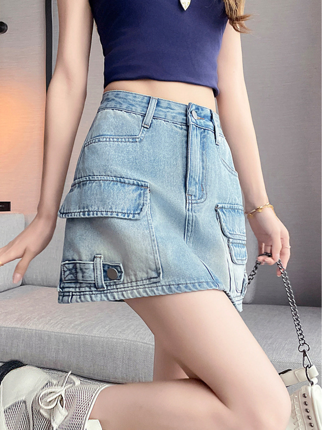 Fly Line - Damen High-Waist Cargo Denim Minirock A-Linie